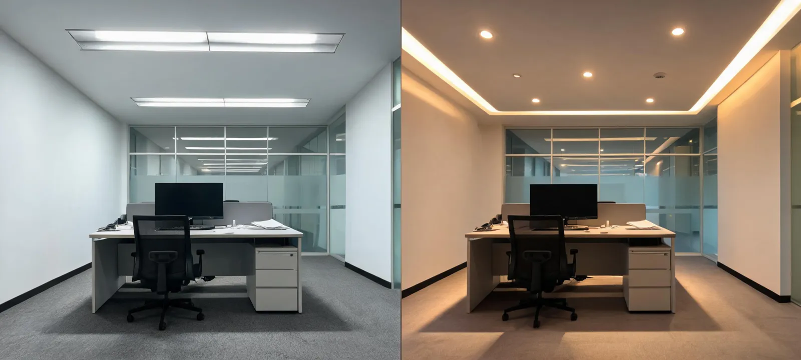 Office shown before and after a layered lighting plan