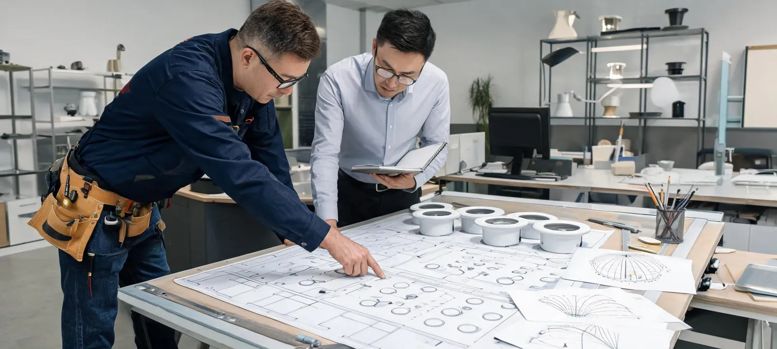 Lighting project team reviewing a commercial ceiling plan